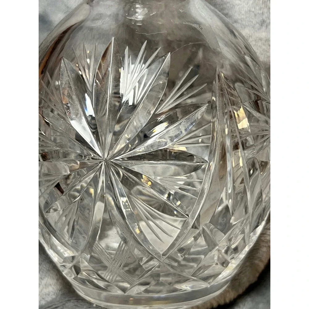 Vintage Cut Crystal Round Decanter w/ Starburst Design & Paneled‎ Stopper
